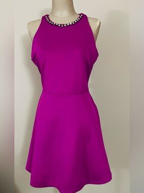 Fuchsia Halter Mini Dress with Jeweled Neckline